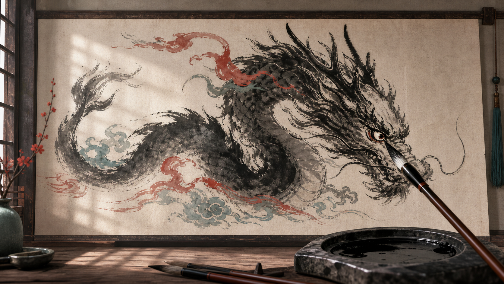 画龙点睛成语文章配图：水墨龙卷轴与毛笔点睛场景